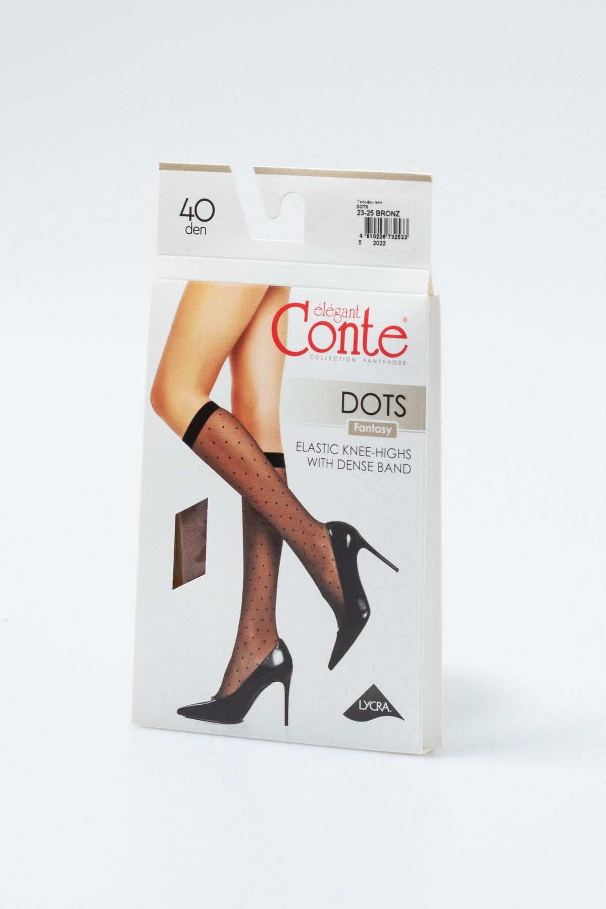 A package of sheer black knee-high stockings featuring a subtle polka dot pattern and a solid top band, displayed against a white background.