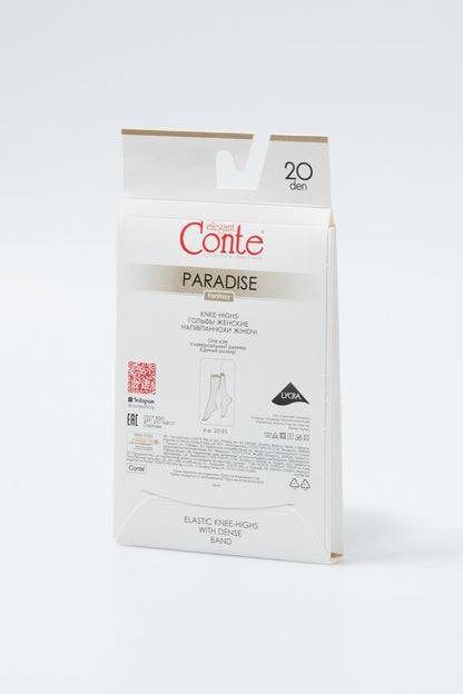 A box of beige knee-high hosiery stands upright against a plain white background.