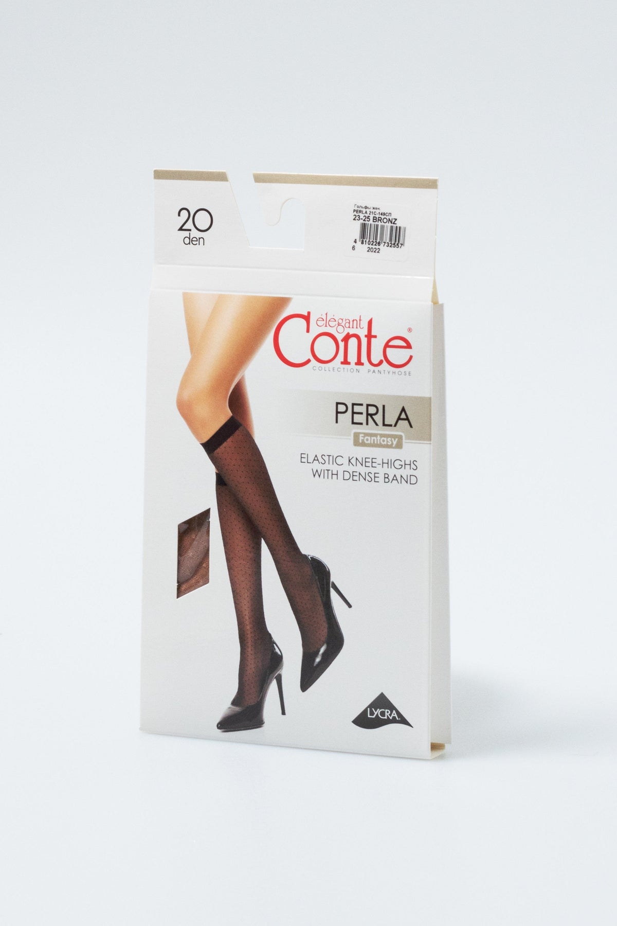 A package of sheer dark-colored polka dot knee-high hosiery featuring a model wearing the product with black high heels.