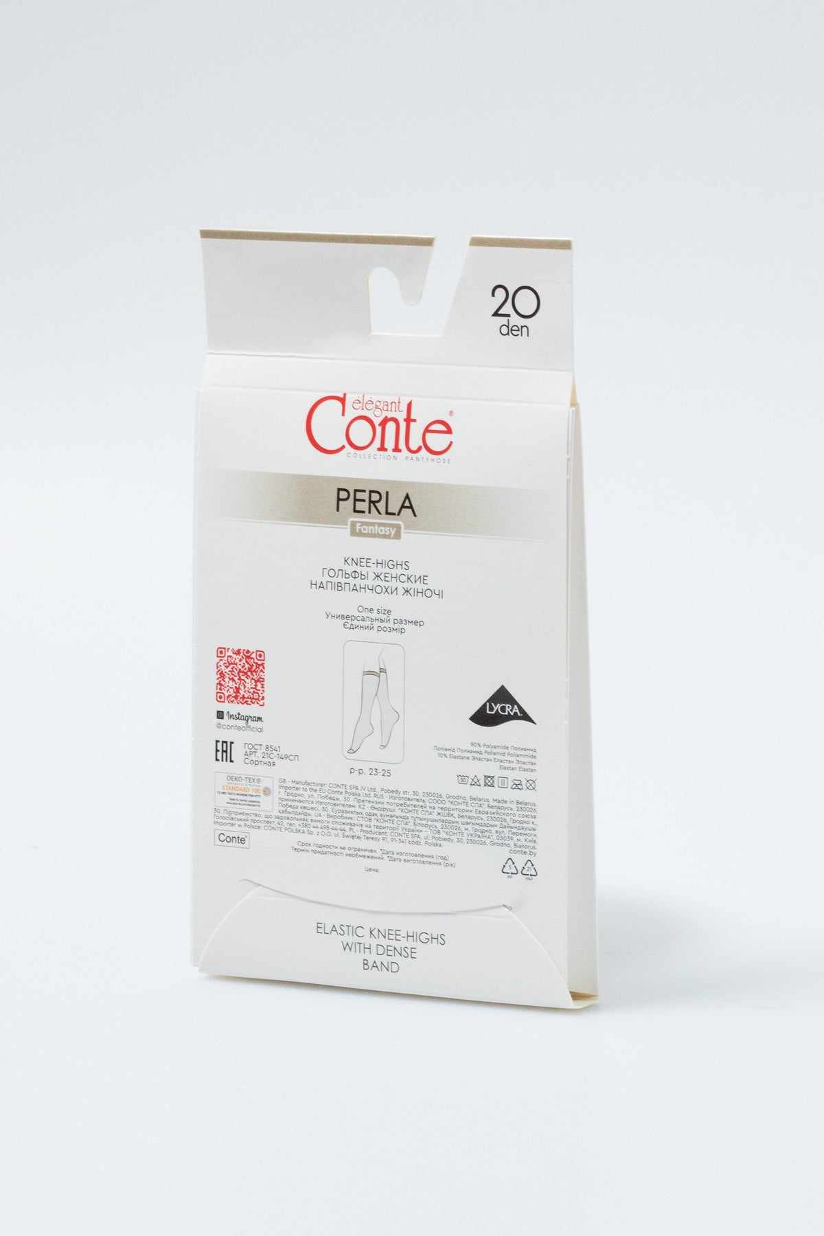 A box of women's knee-high stockings with white packaging, featuring a red brand logo, a diagram of the hosiery, and detailed product specifications.