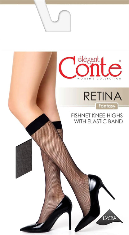 A pair of black fishnet knee-high stockings worn by a person in black high-heeled shoes on a white product packaging background.