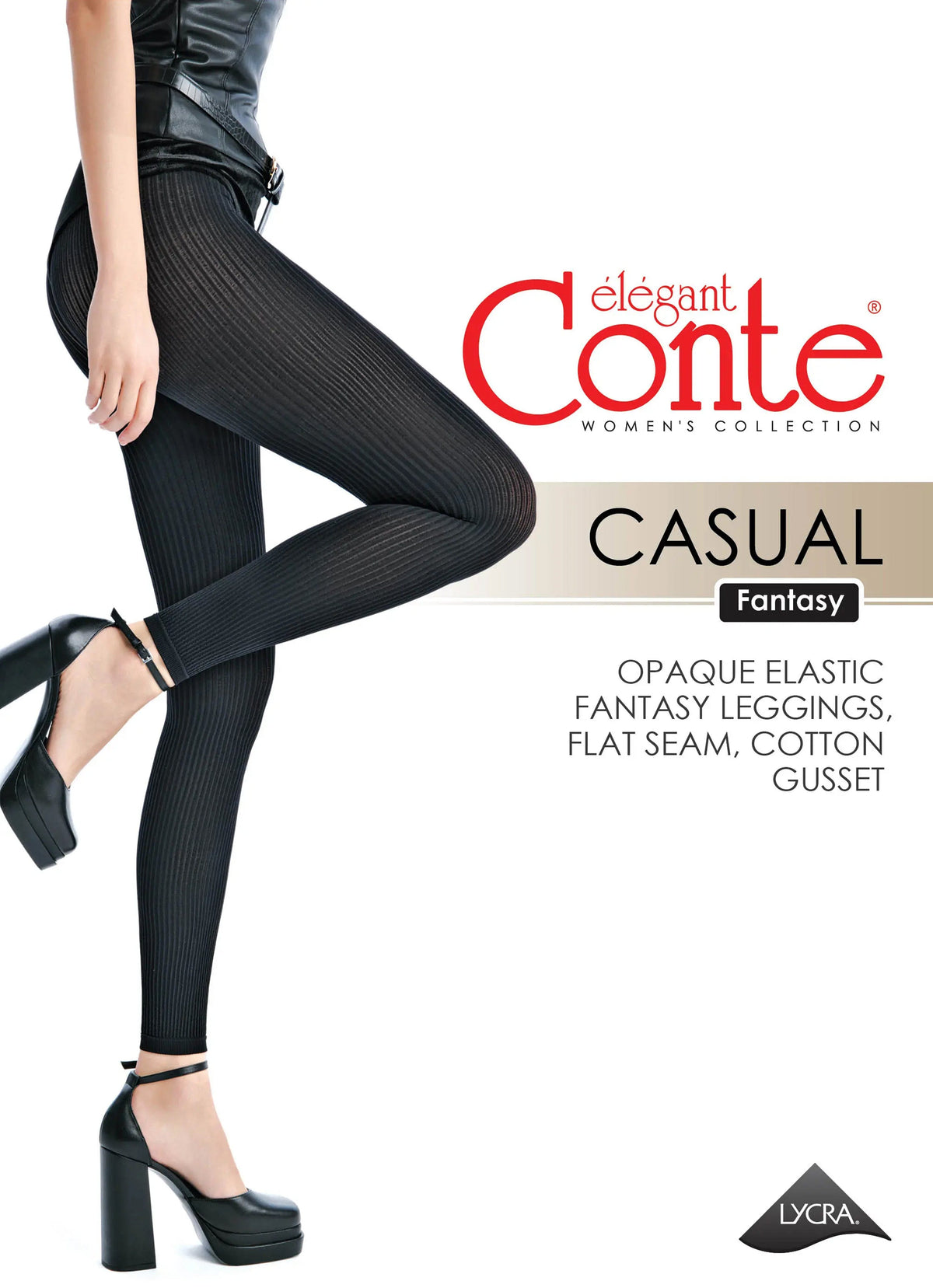A model wearing black ribbed leggings and high-heeled black platform shoes.