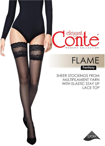 Black sheer stay-up stockings with patterned lace tops worn by a model in a black bodysuit.