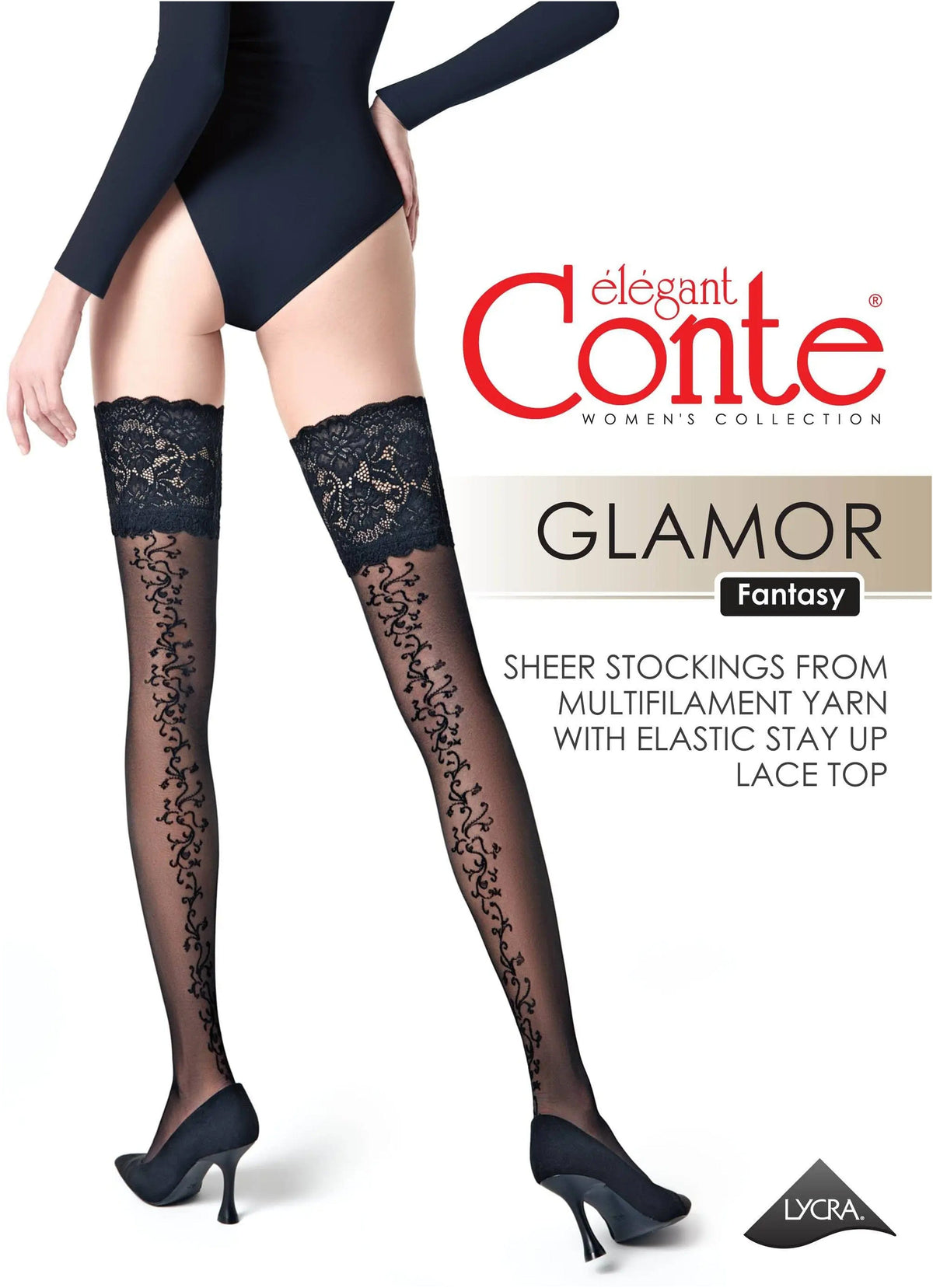 Fantasy Stockings Conte Glamor - Openwork Elastic Band and Floral Pattern - A-1 Thread Vault