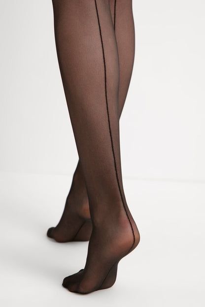 Sheer black tights with a prominent vertical seam running down the back of the legs.