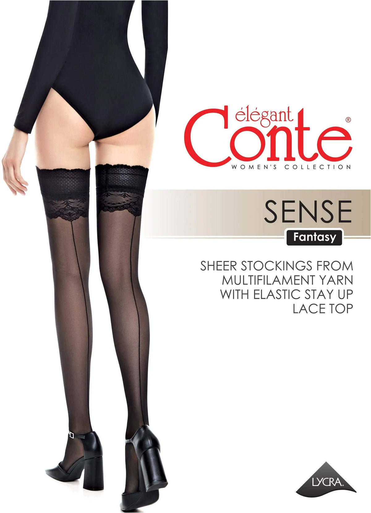 Black sheer stockings with a vertical seam and decorative lace top are worn by a model in a black bodysuit and black block-heeled shoes.