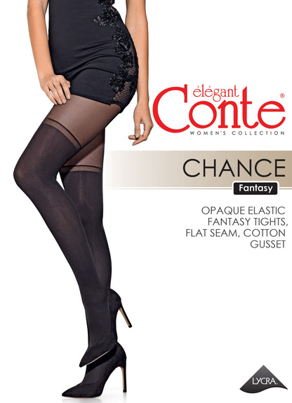 Black opaque tights worn by a person in a short dress and black high heels, featuring a distinct horizontal band design on the upper thighs.
