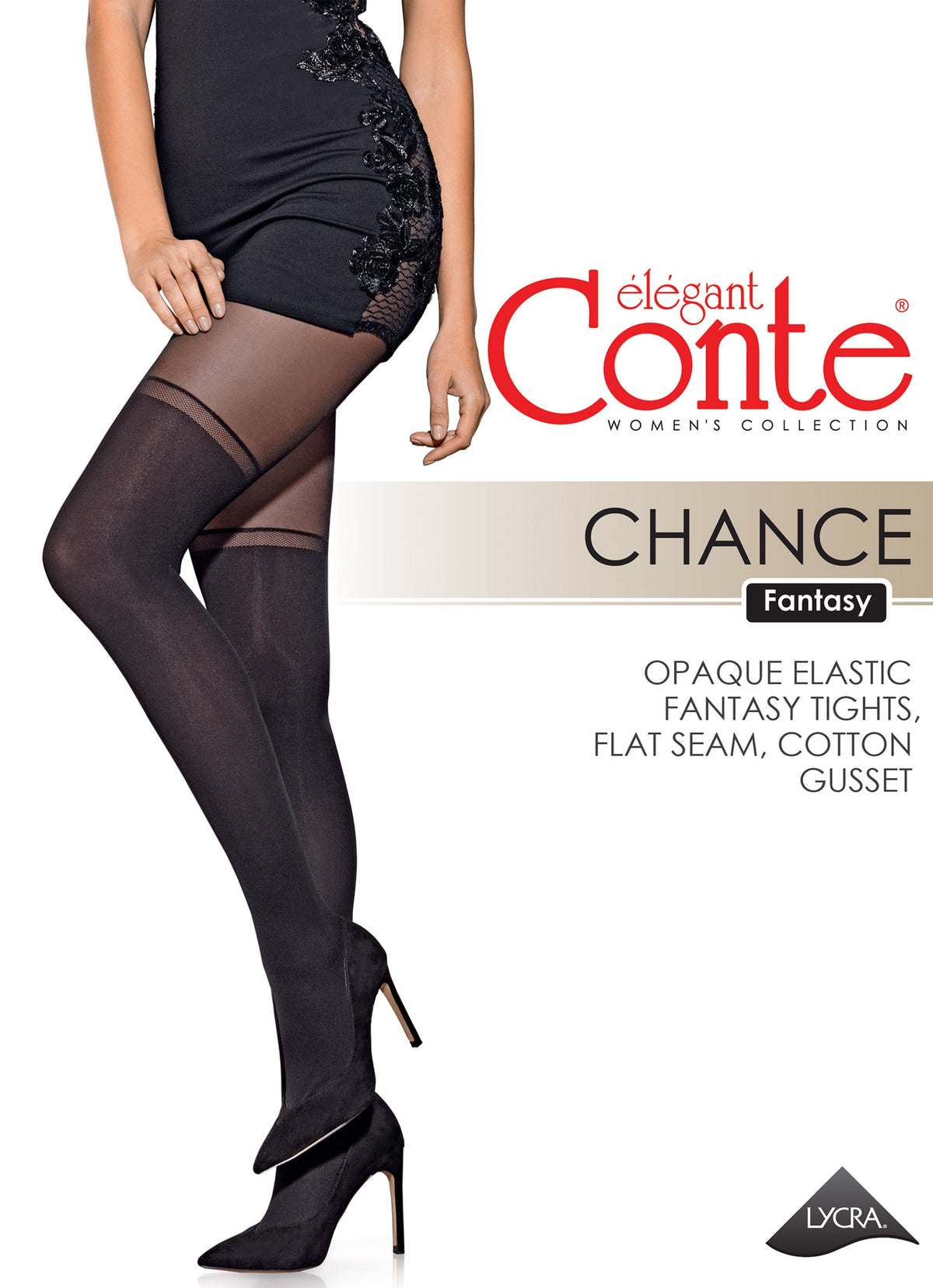 Black opaque tights worn by a person in a short black dress, featuring a design with a sheer horizontal band above the knee and black high-heeled shoes.