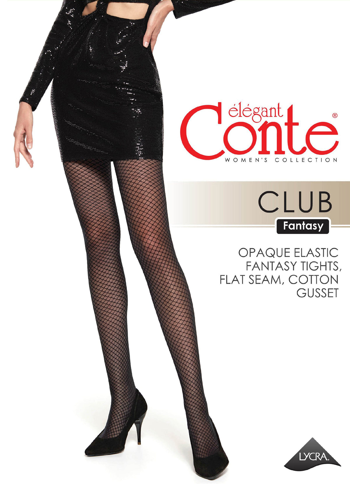 A person wears black patterned fishnet tights with a short black sequined skirt and black high-heeled pumps.