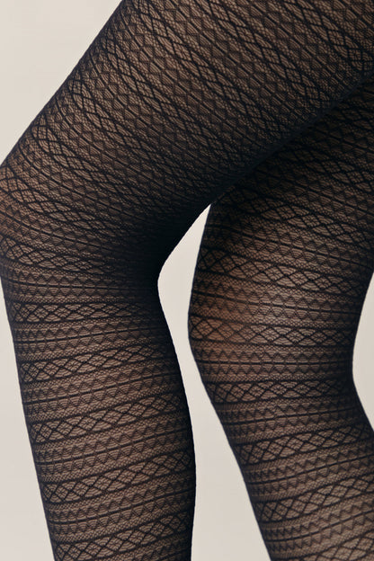 A close-up view of a person wearing black patterned tights with an intricate horizontal geometric textured knit design.