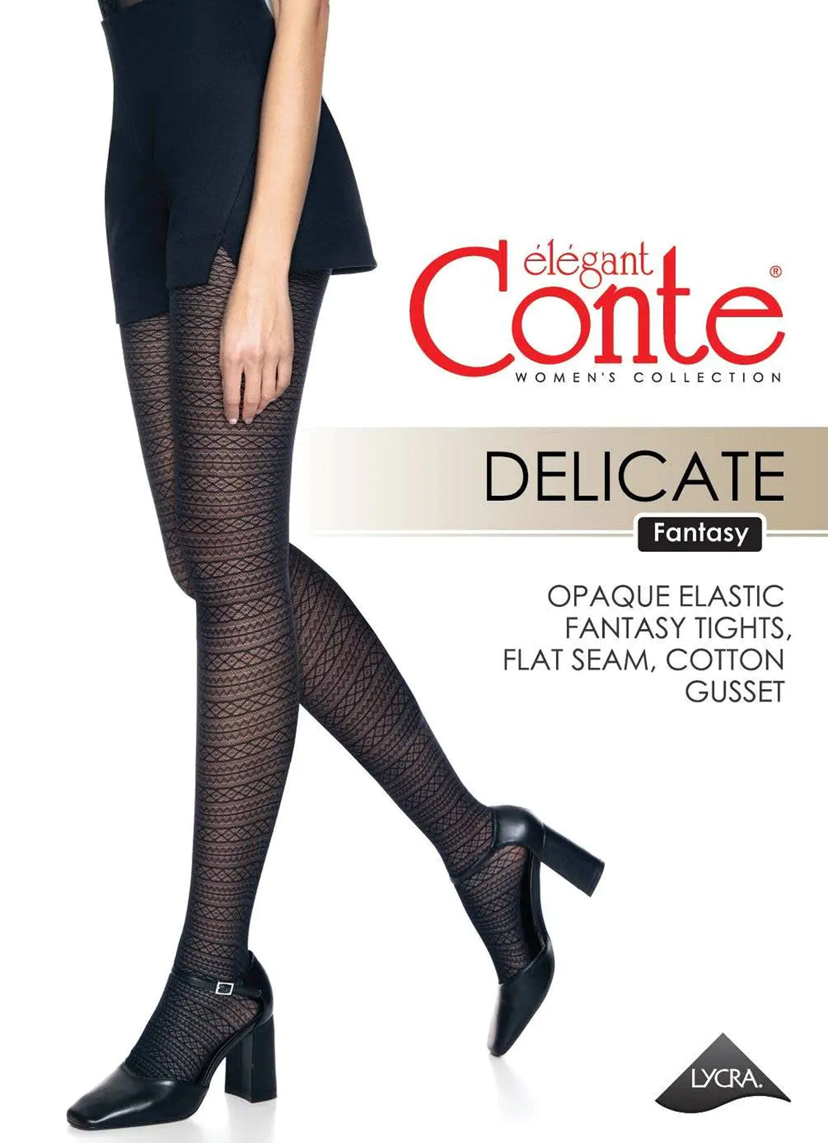 Black patterned tights featuring a geometric diamond design, worn by a model in black shorts and black block-heeled shoes against a white background.
