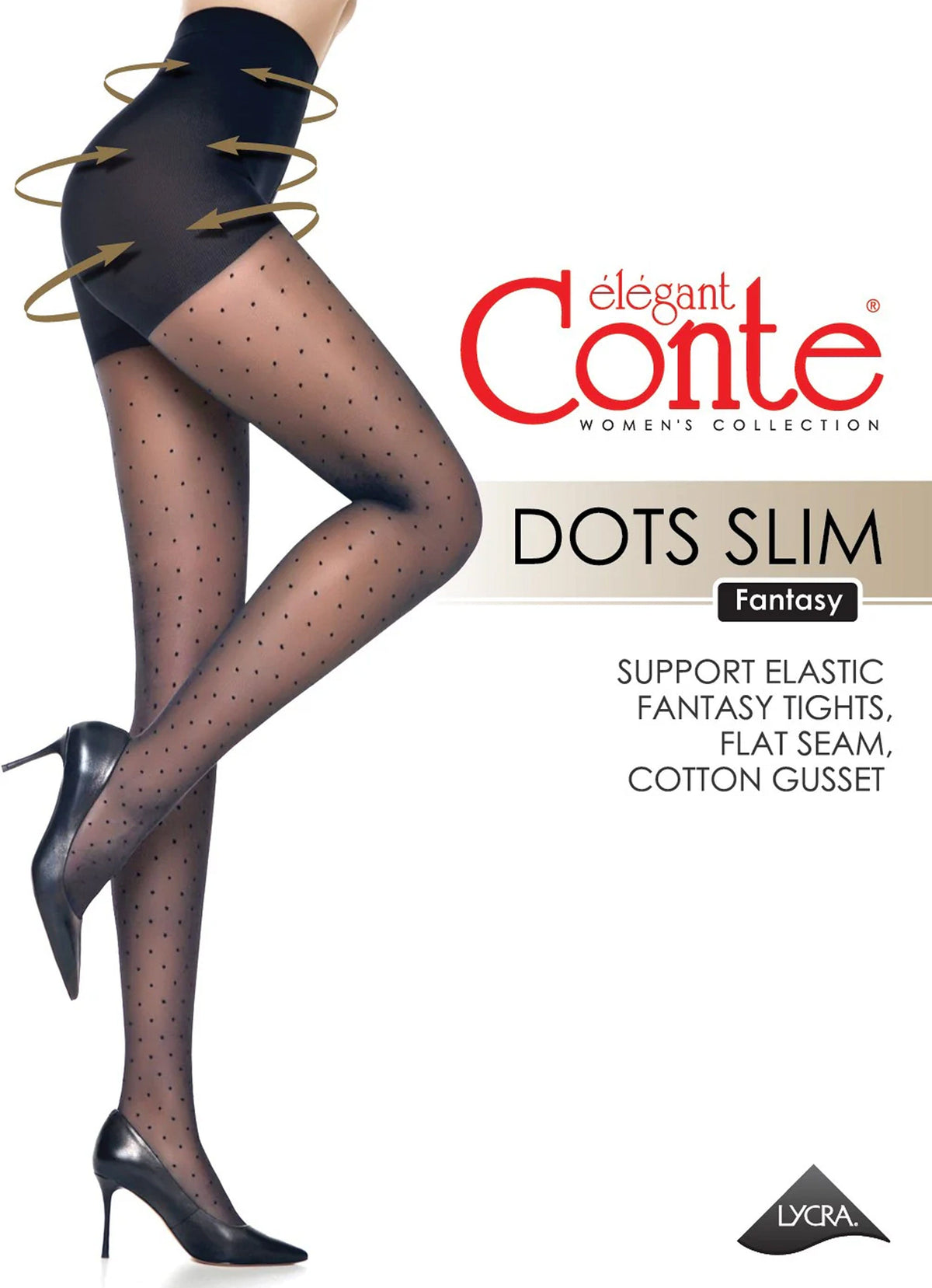 Sheer black tights featuring a subtle polka dot pattern and a high-waisted control top, modeled on a pair of legs wearing black stiletto heels.