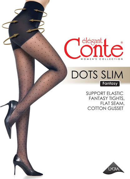 Sheer black tights featuring a subtle polka dot pattern and a high-waisted control top, modeled on a pair of legs wearing black stiletto heels.