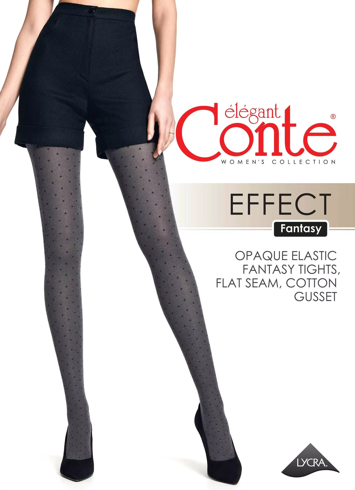 Gray opaque tights with a small dark heart pattern are worn by a person modeling them with black shorts and black high heels.