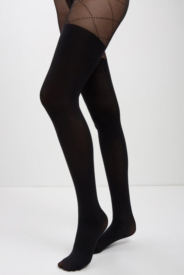 Black opaque tights with a mock over-the-knee design featuring a subtle dotted diamond pattern on the upper thigh area.