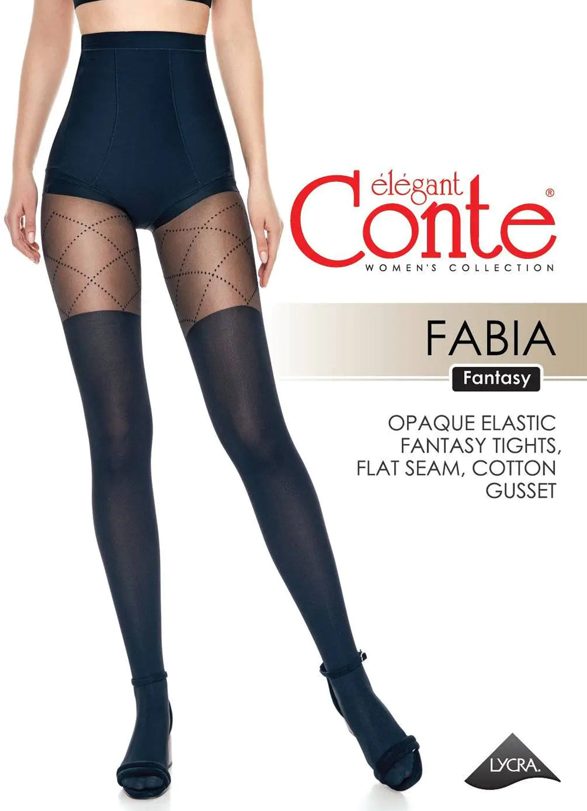 Black opaque tights featuring a high-waisted control top, a geometric diamond pattern on the upper thighs, and solid black legs.