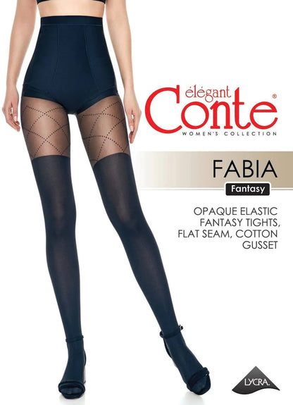 Black opaque tights featuring a high-waisted control top, a geometric diamond pattern on the upper thighs, and solid black legs.