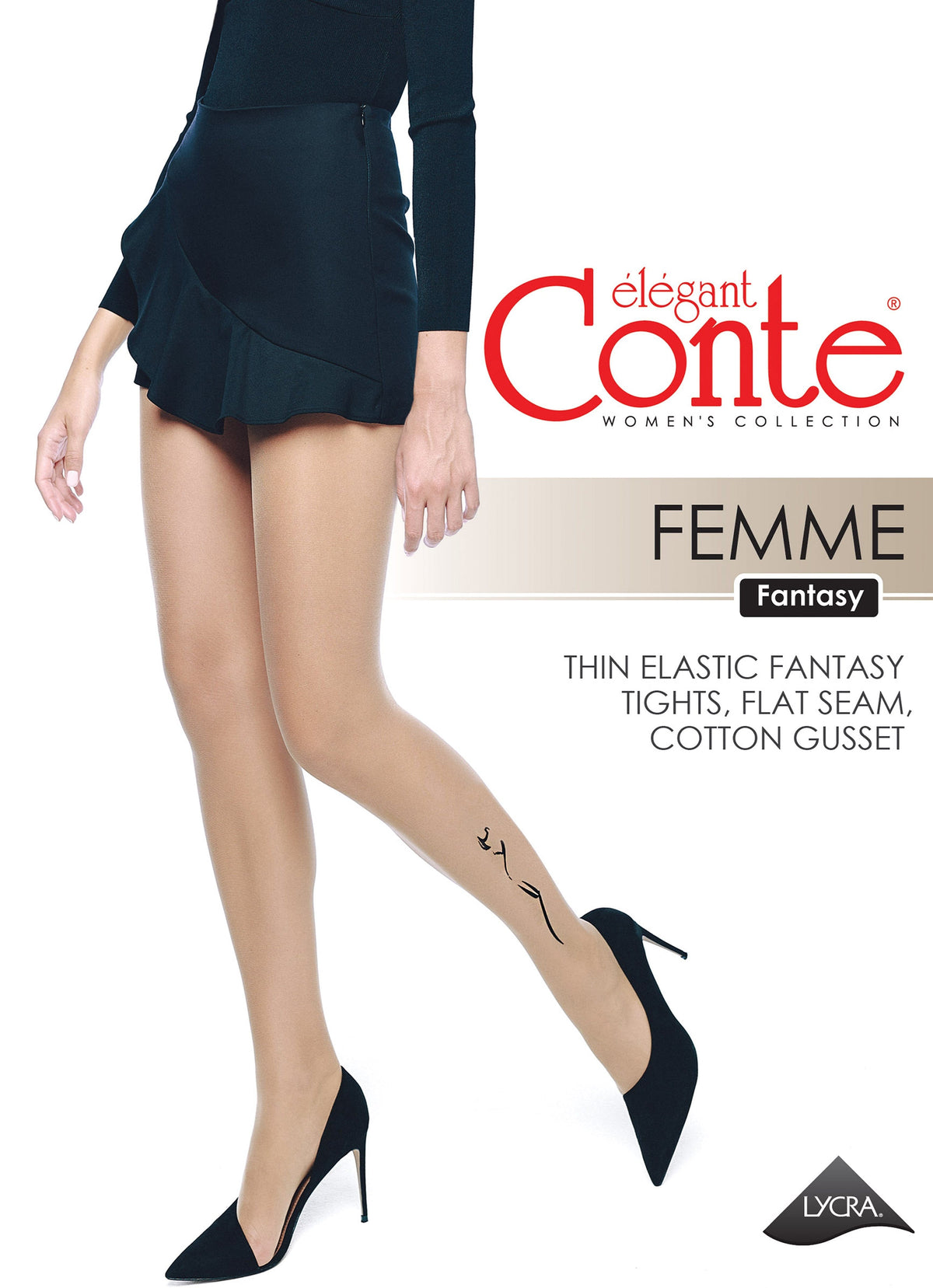 A pair of sheer tan tights worn by a person, featuring a small black silhouette design on the lower left leg and paired with black high-heeled pumps.