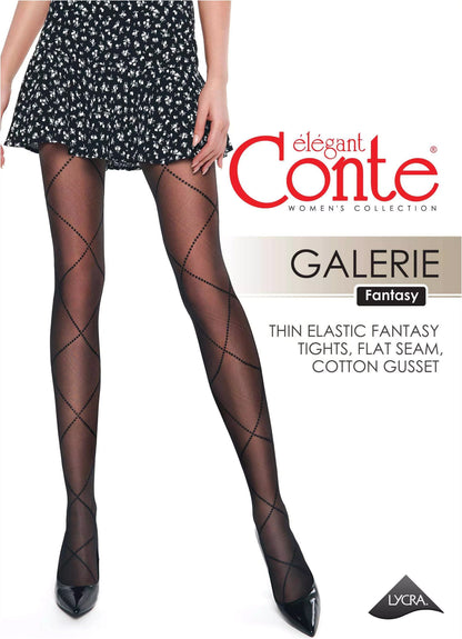 Black sheer pantyhose with a dotted diamond pattern worn by a person in a floral skirt and black high heels.