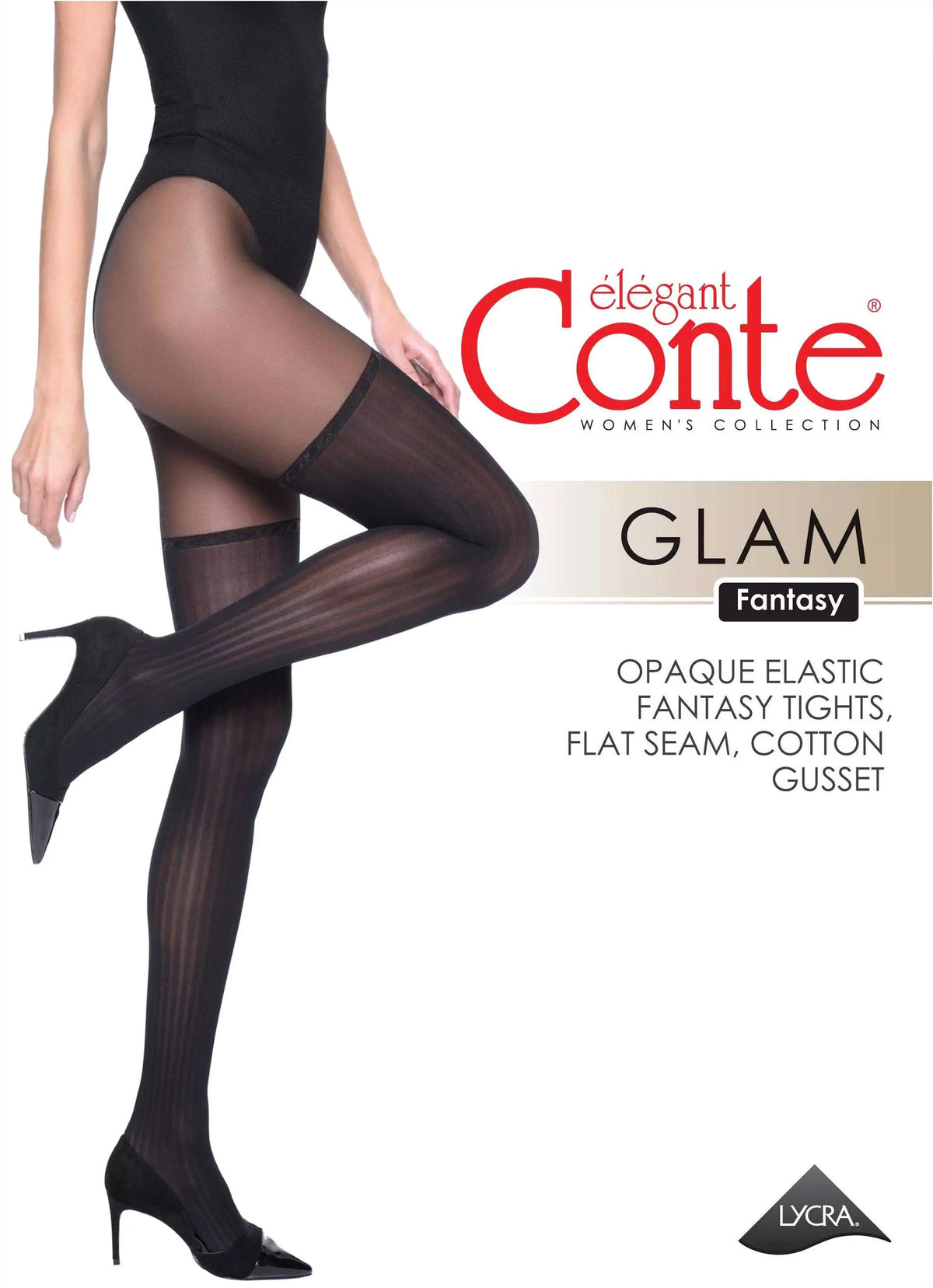 A model wearing black vertically ribbed tights that feature an opaque thigh-high style design on a white background.