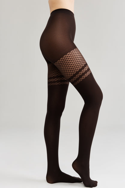Dark brown opaque tights featuring a decorative fishnet-style panel on the upper thigh area.
