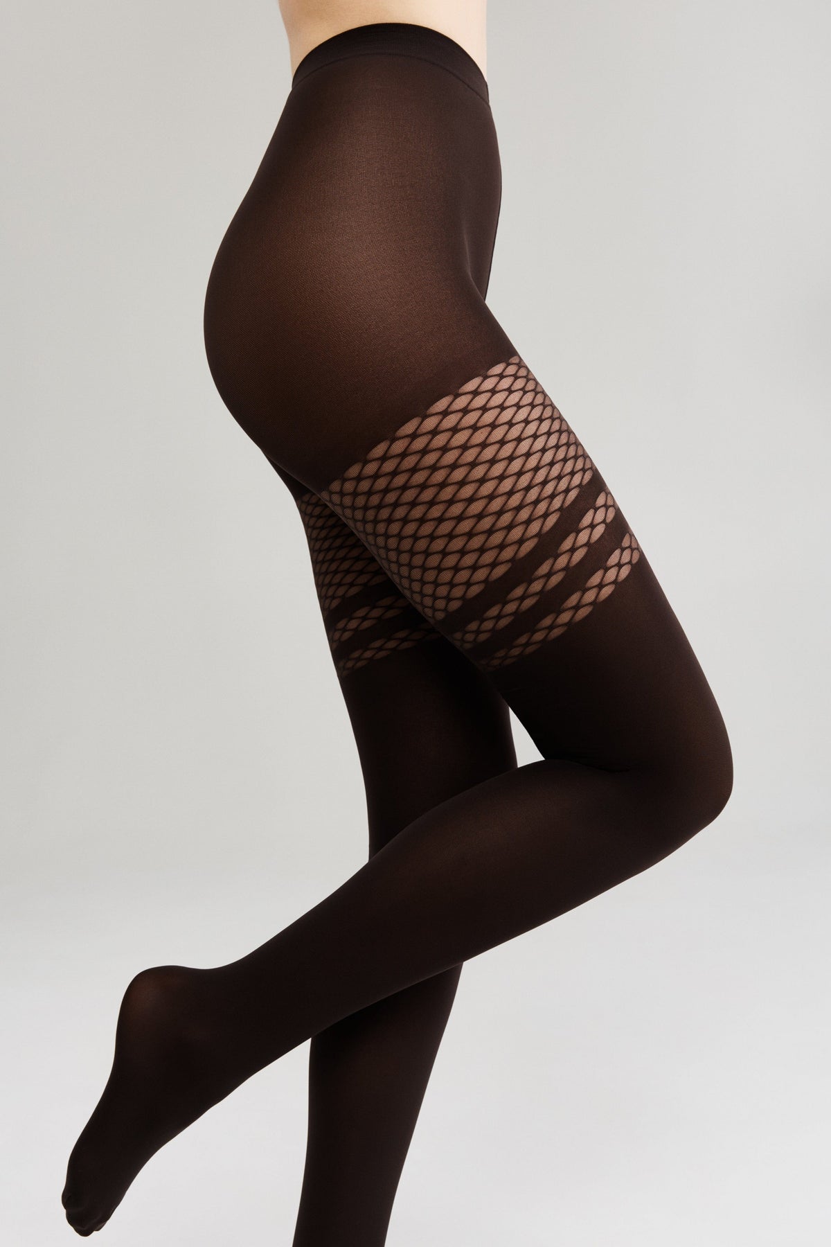 A pair of dark brown opaque tights featuring a decorative fishnet-style panel on the upper thighs with three horizontal bands.