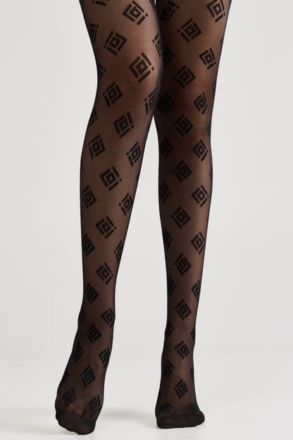 Sheer black tights featuring a repeating geometric diamond pattern with square details.