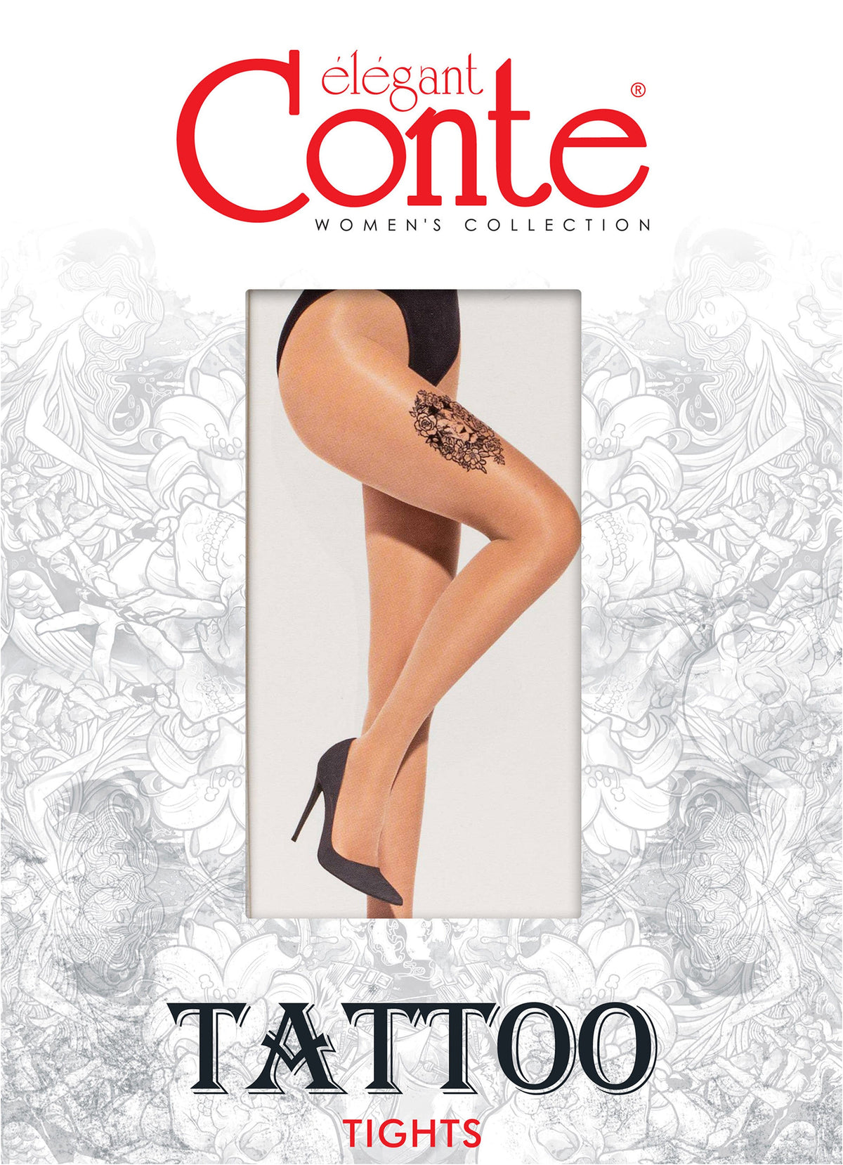 Sheer nude-toned tights on a woman wearing black high heels, featuring a dark floral tattoo-style graphic on the upper thigh.