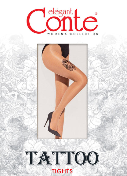 Sheer nude-toned tights on a woman wearing black high heels, featuring a dark floral tattoo-style graphic on the upper thigh.