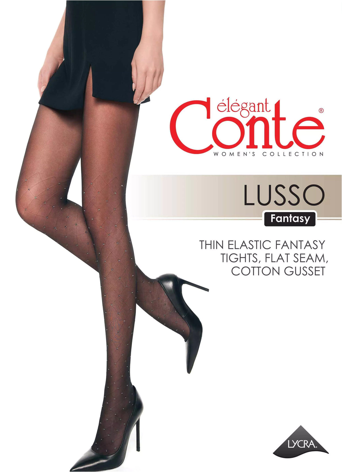 Sheer black patterned tights featuring a repeating diamond grid design with small embellishments on the legs, worn with black high-heeled shoes.