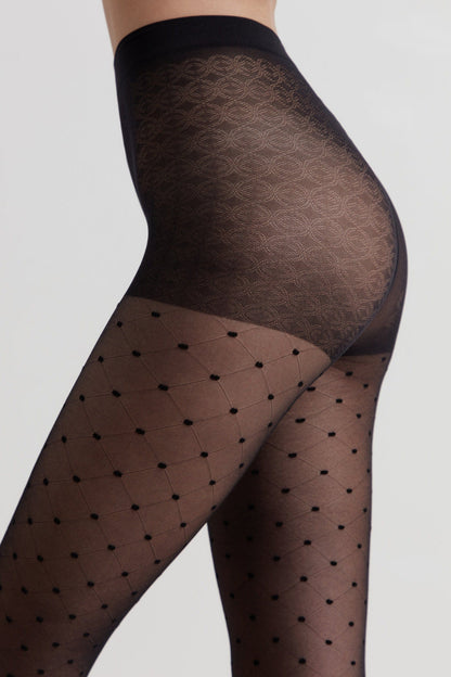 Black sheer tights featuring a patterned high-waist band and a diamond grid design with small raised dots throughout the legs.