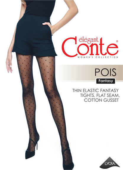 Sheer black tights featuring a subtle diamond-grid pattern with small dots at each intersection, worn with black high-waisted shorts and matching high heels.