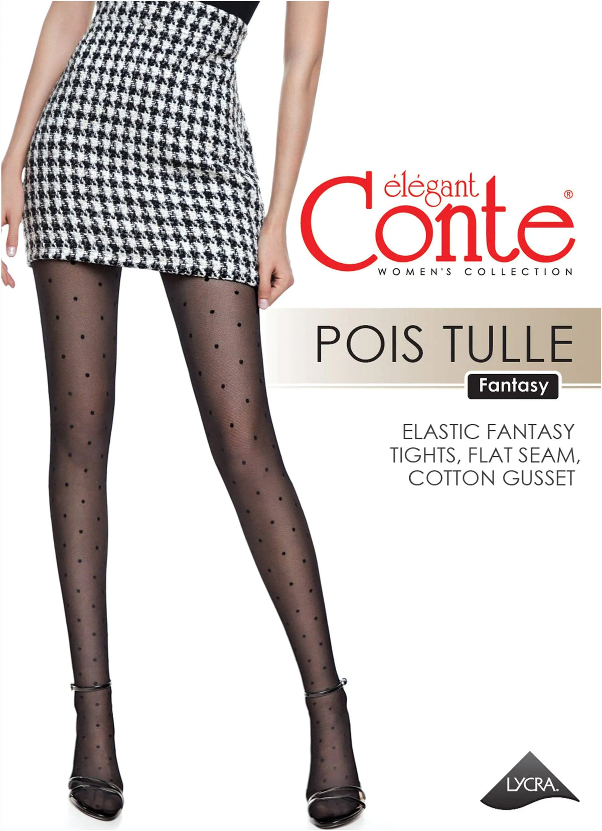 Sheer black tights with a small polka dot pattern are worn by a person modeling a black and white houndstooth mini skirt.