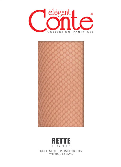 A close-up view of nude-colored fishnet tights featuring a consistent diamond-shaped mesh pattern.