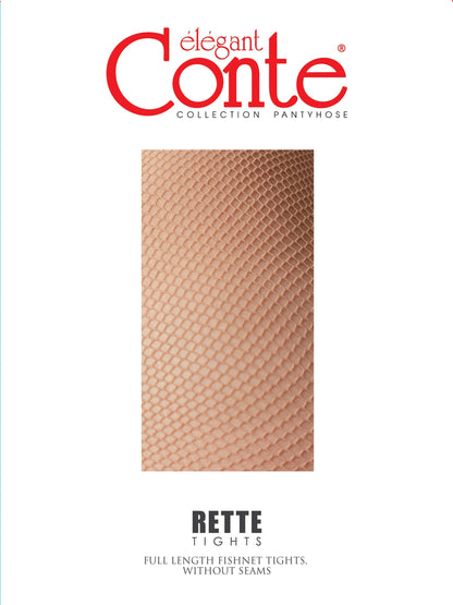 A close-up of nude-colored, seamless fishnet tights featuring a fine, uniform diamond pattern.