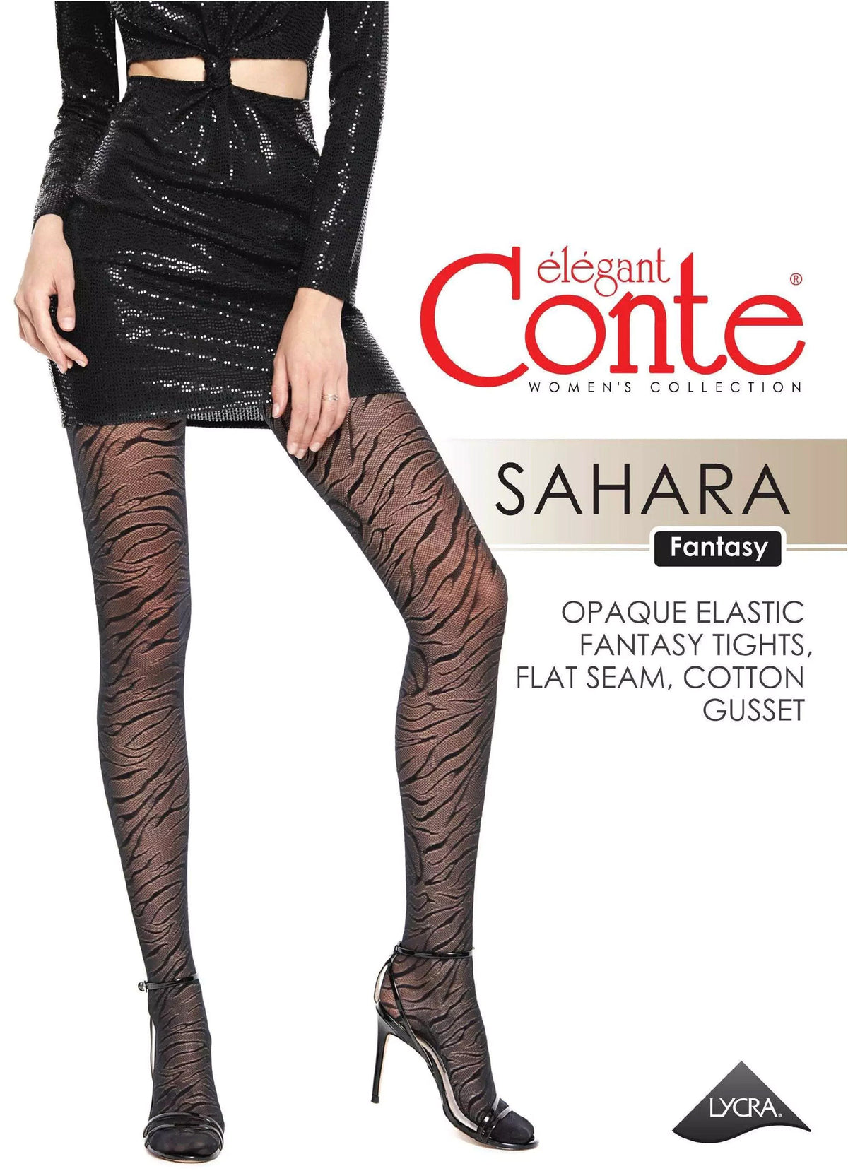 Black patterned tights featuring a wavy, zebra-like texture worn by a model in a short sequined dress and black high-heeled sandals.