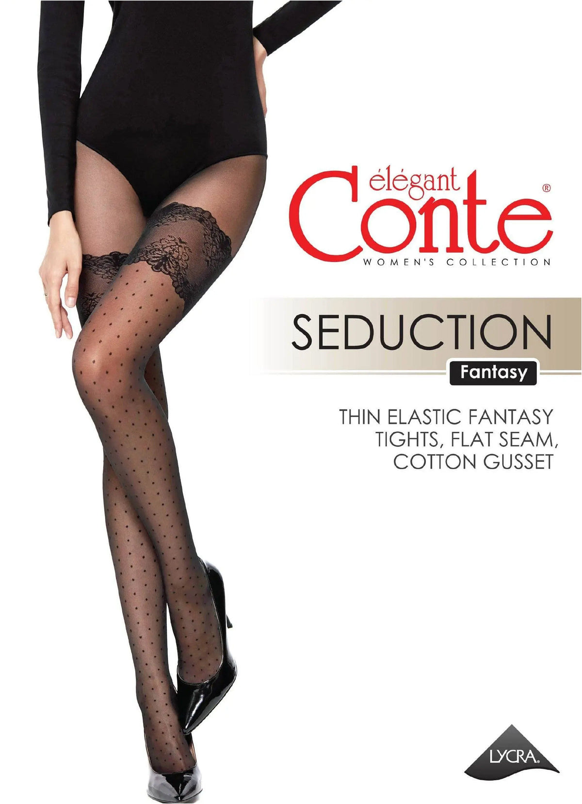 Black sheer polka dot tights with a lace-trimmed thigh detail modeled on legs wearing black high heels.