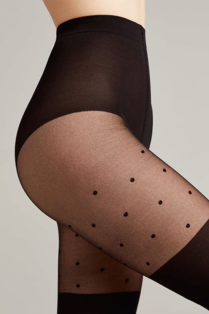 Black sheer pantyhose with a polka dot pattern and an opaque high-waist band worn on a person's side profile.