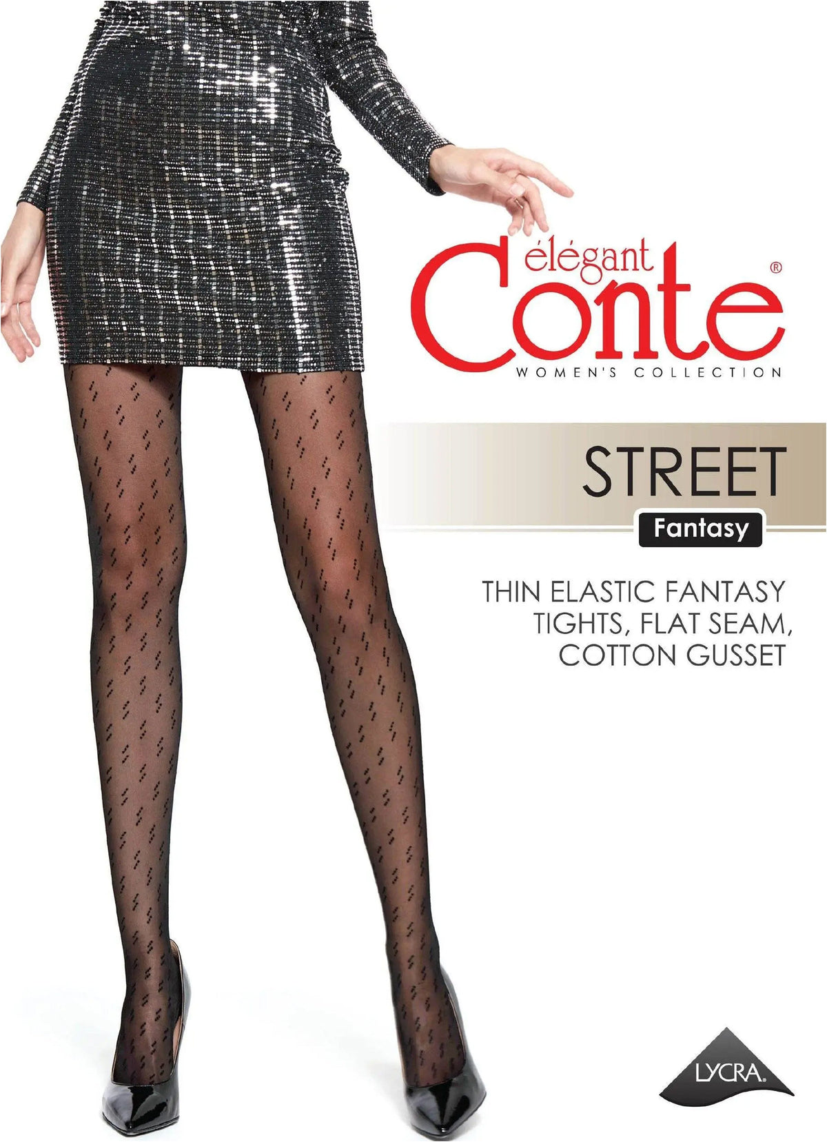 A pair of sheer black patterned tights featuring small repeating diagonal marks worn by a person in a silver sequined skirt and black high-heeled pumps.