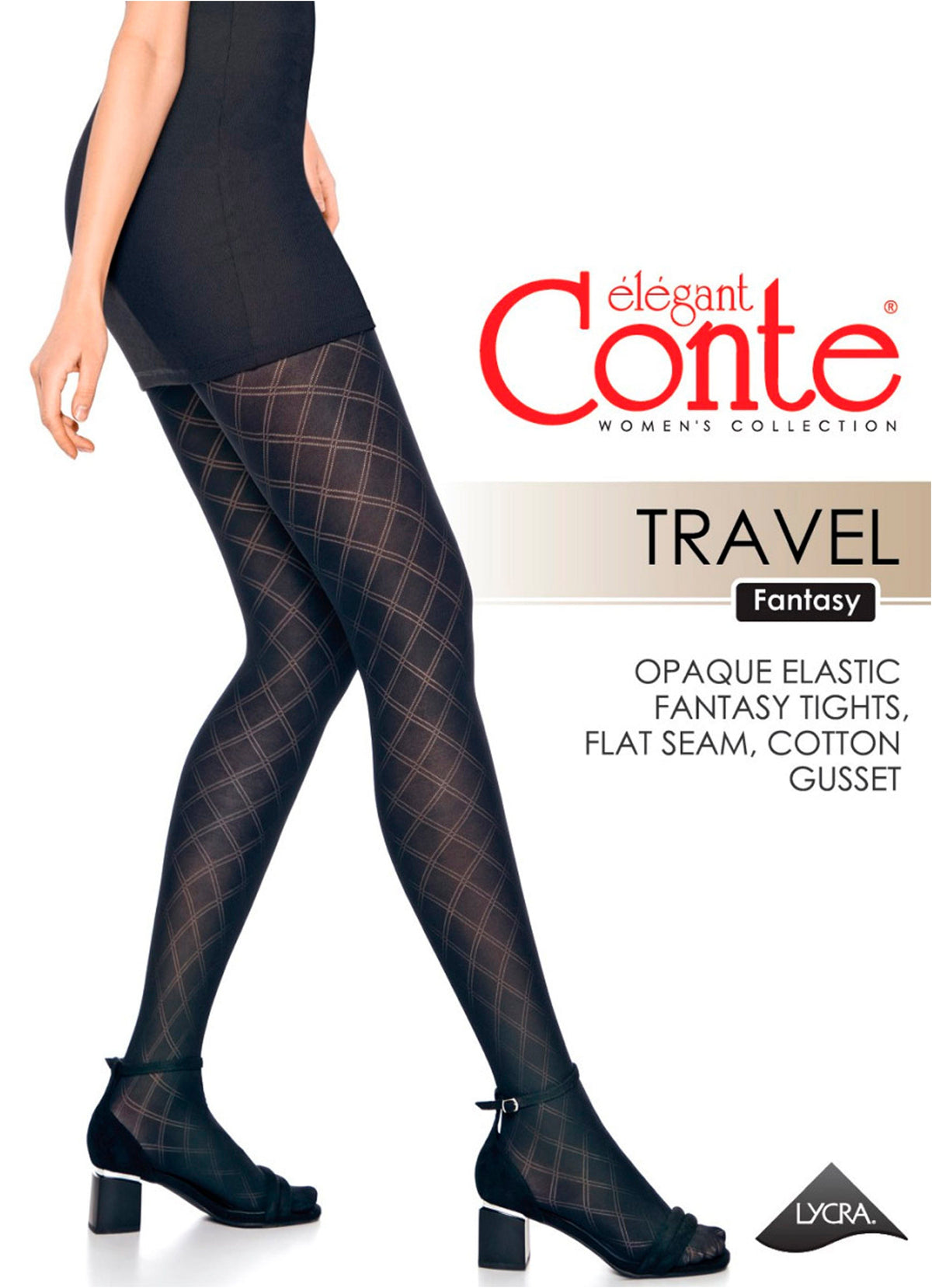 Black opaque tights featuring a subtle diamond grid pattern on the legs, worn with black heeled sandals.