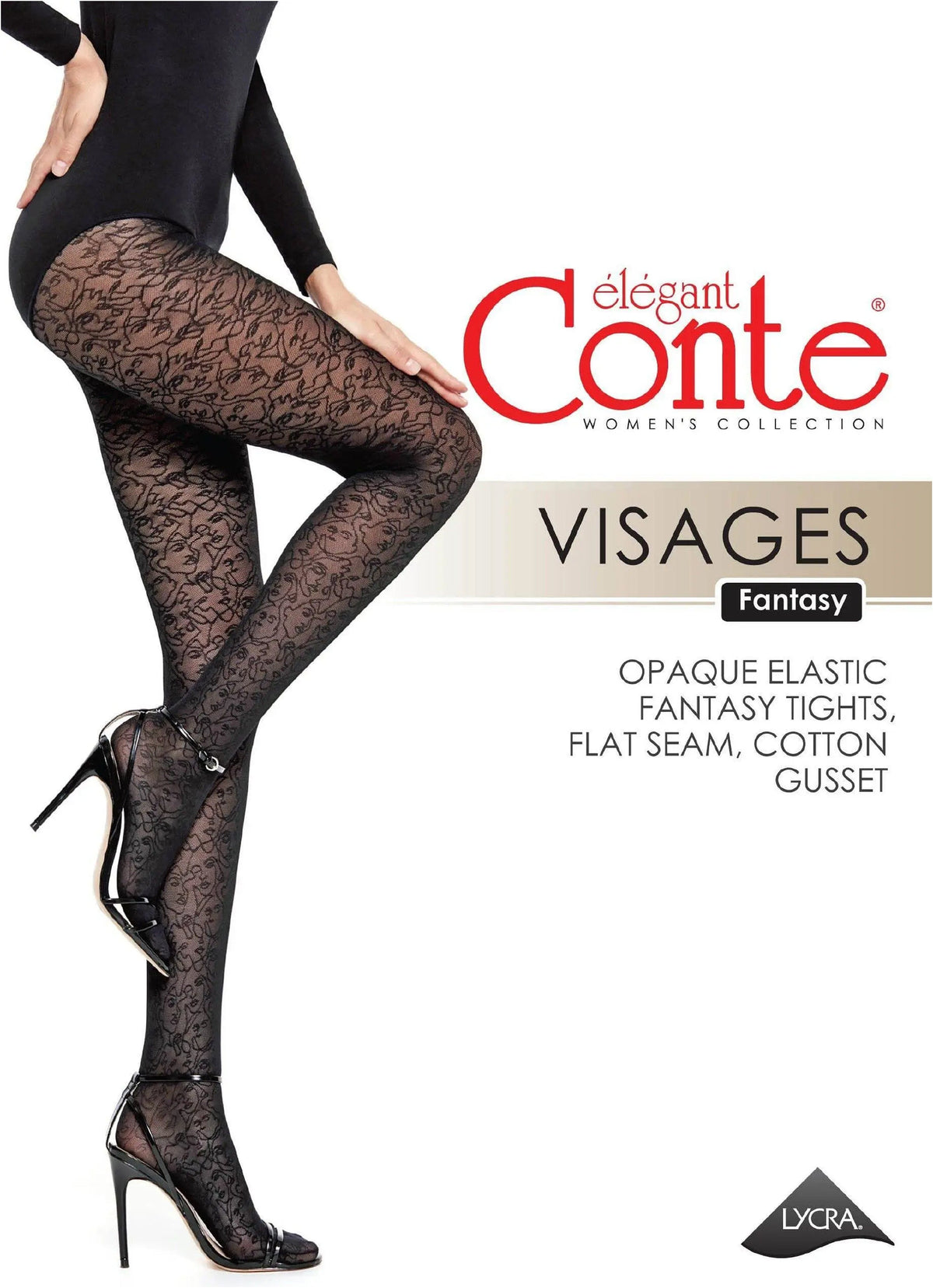 Black patterned tights featuring a delicate lace-like design, modeled on a pair of legs wearing black high heels.