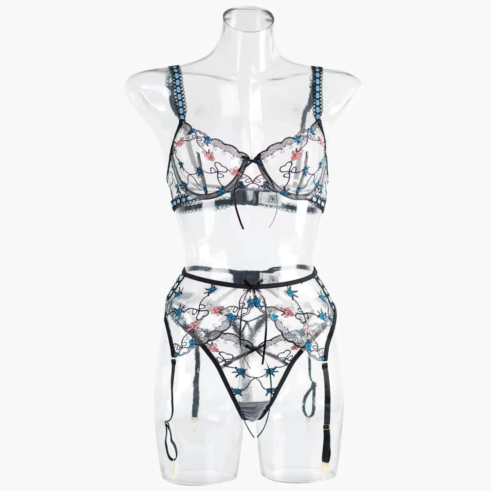 Fariy Lingerie Sexy Lace Floral Embroidery See Through Underwear Bra Thongs Garter Three Piece Set for Women Shaping Split Set - A-1 Thread Vault