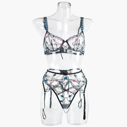 Fariy Lingerie Sexy Lace Floral Embroidery See Through Underwear Bra Thongs Garter Three Piece Set for Women Shaping Split Set - A-1 Thread Vault