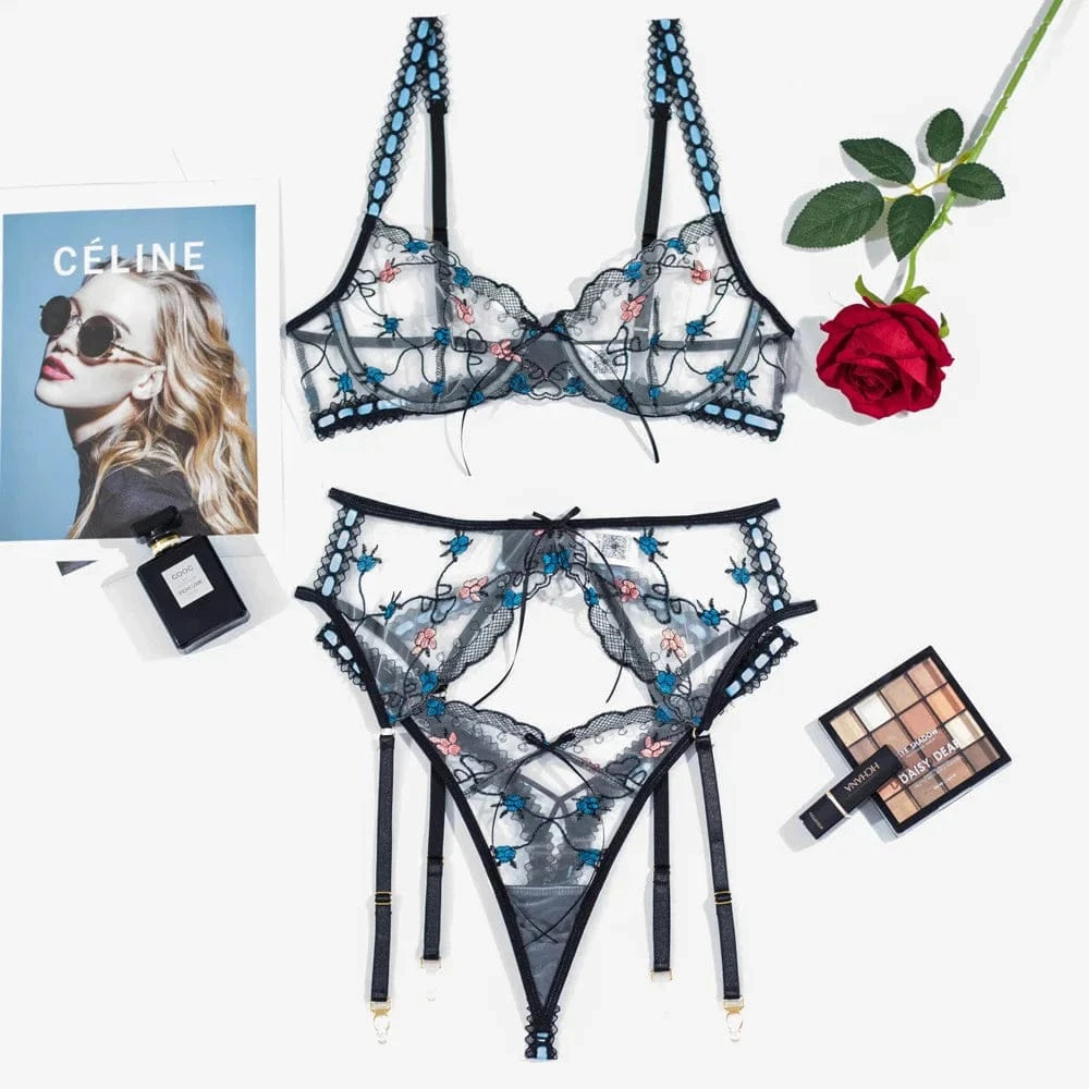 Fariy Lingerie Sexy Lace Floral Embroidery See Through Underwear Bra Thongs Garter Three Piece Set for Women Shaping Split Set - A-1 Thread Vault