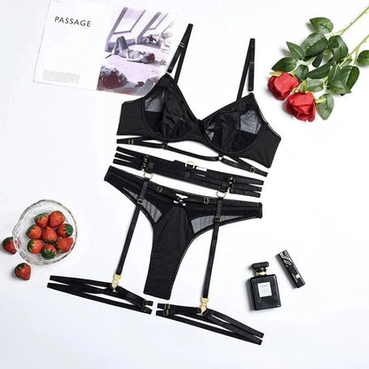 Fashion Black Bra Set Women Patchwork See Through Mesh Lingerie Set Ladies Sexy Panty Garters Transparent Underwear Set - A-1 Thread Vault