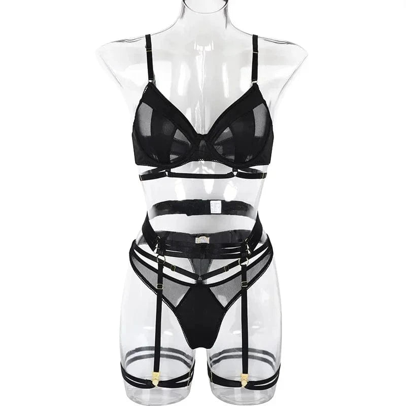 Fashion Black Bra Set Women Patchwork See Through Mesh Lingerie Set Ladies Sexy Panty Garters Transparent Underwear Set - A-1 Thread Vault