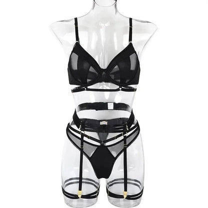 Fashion Black Bra Set Women Patchwork See Through Mesh Lingerie Set Ladies Sexy Panty Garters Transparent Underwear Set - A-1 Thread Vault