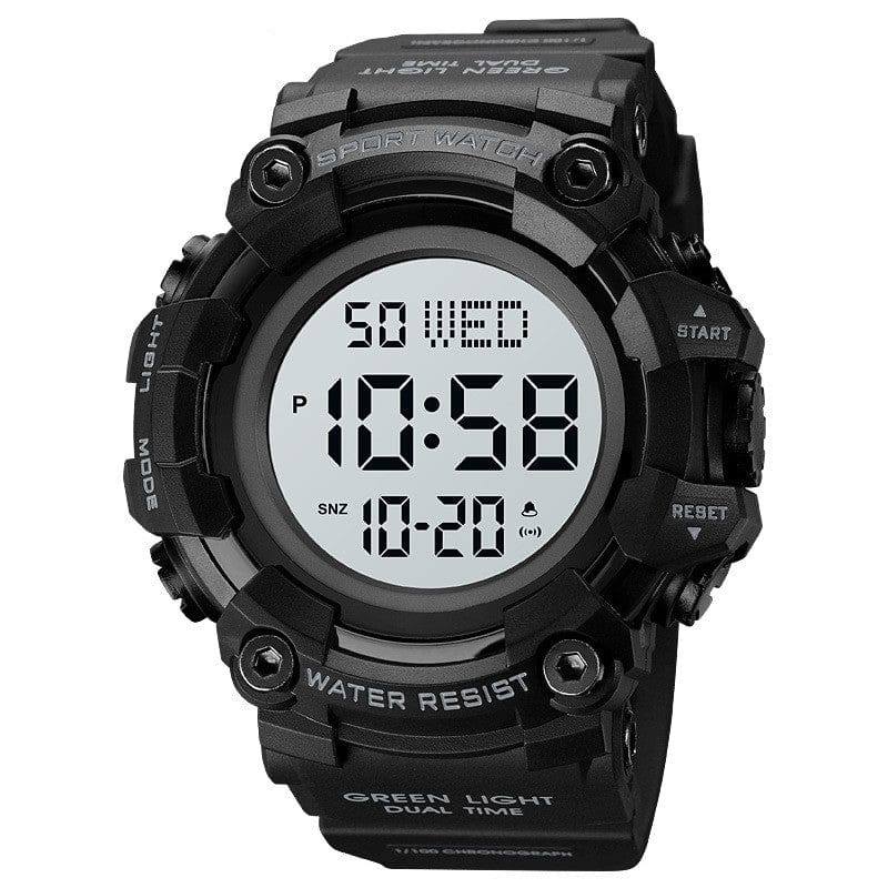 A black digital sports watch with a circular case featuring multiple buttons around the bezel, a black resin strap, and a display showing the time, date, and day of the week.