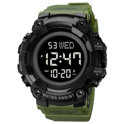 A digital sport watch with a round black face, olive green resin strap, and bold bezel featuring text labels for functions like light, mode, start, and reset.
