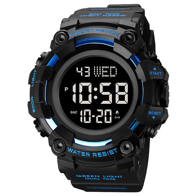 A black digital sports watch with blue accents and a round face displaying the time 10:58, the date 10-20, and day of the week Wednesday, set against a plain white background.